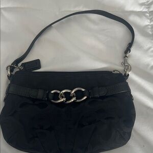 Coach Black Signature Jacquard Small Shoulder Bag Silver Chain Detail